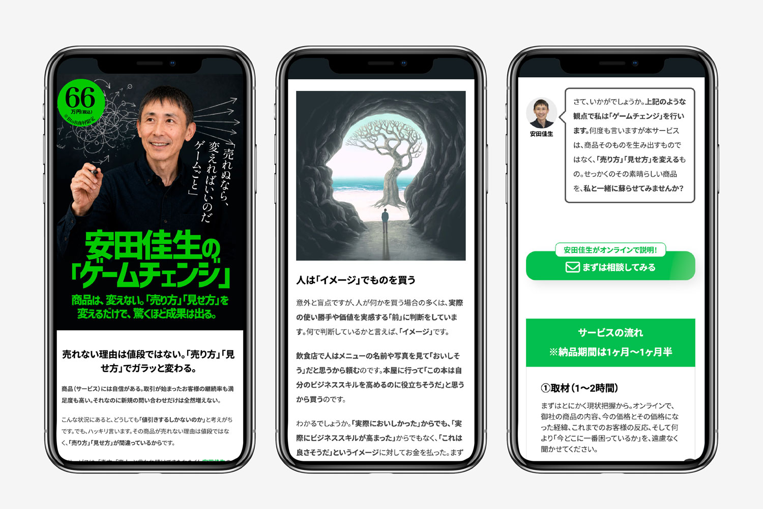 サービスLP【安田佳生の「ゲームチェンジ」――売れるロジック作成サービス】デザイン・ライティング他作成